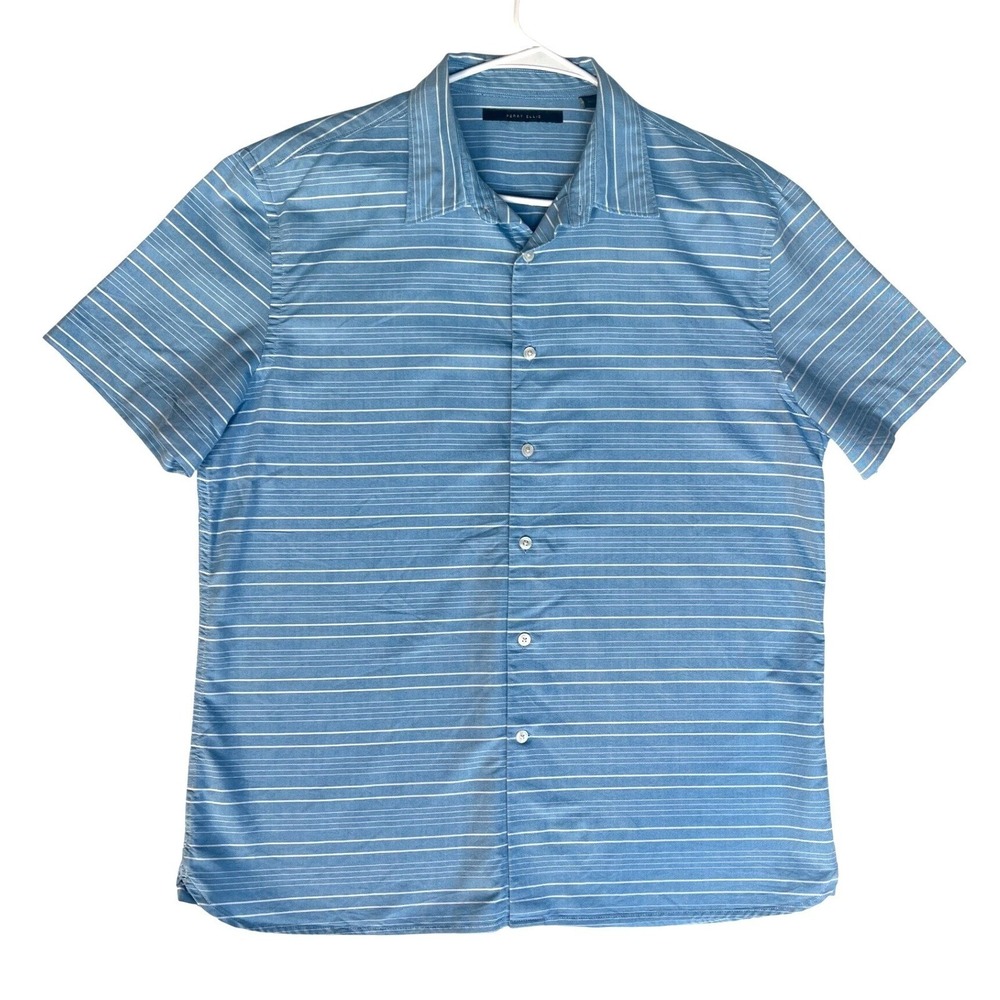 Perry Ellis Mens Large Blue White Striped Short Sleeve Cotton Button Down Shirt